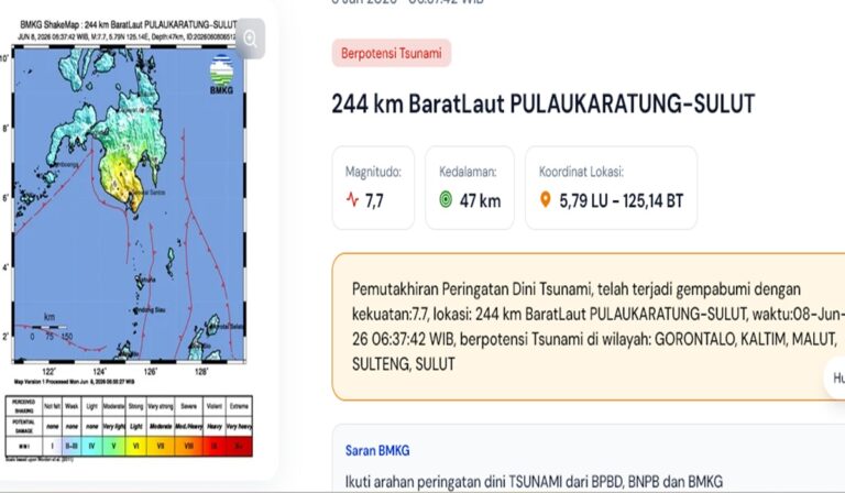 Gempa Laut Sulawesi M 7,7, BMKG Keluarkan Peringatan Tsunami